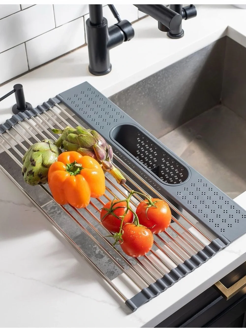 New edge Roll Up Dish Drainer, Over The Sink Foldable Drying Rack with Caddy